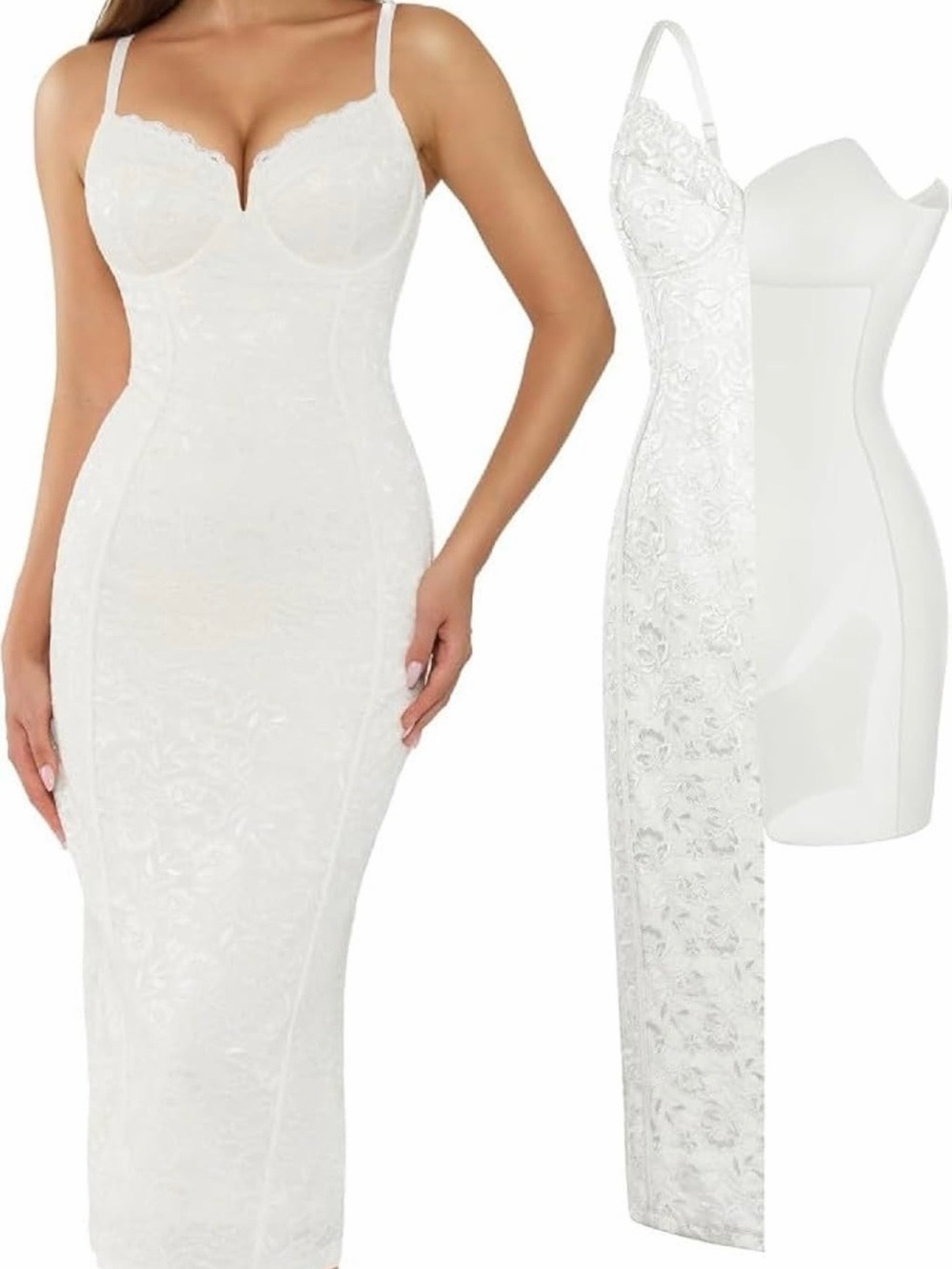 POPILUSH White Lace Bridal Sheath Dress with Corset Bodice